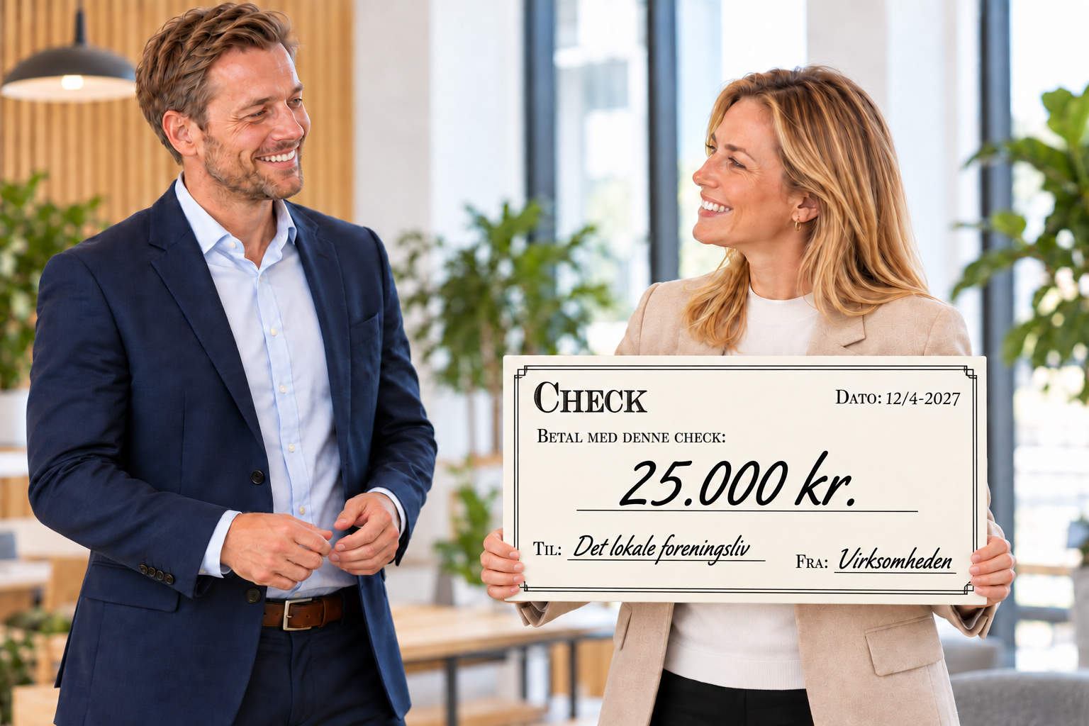 Overrækkelse af en stor check på 25.000 kr. fra en virksomhed til det lokale foreningsliv.