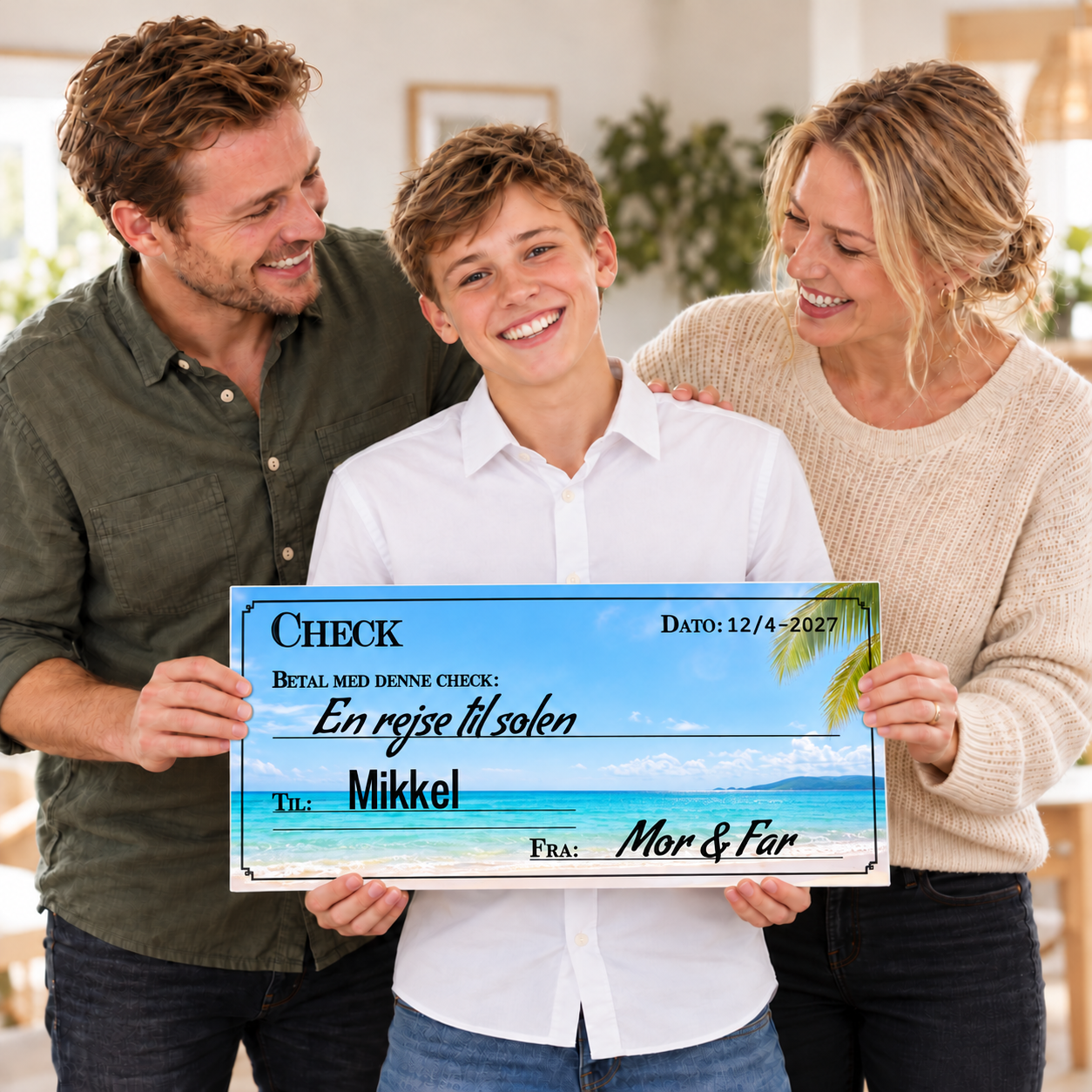 Mor og far giver deres søn en personlig stor check med strandmotiv til konfirmationen.