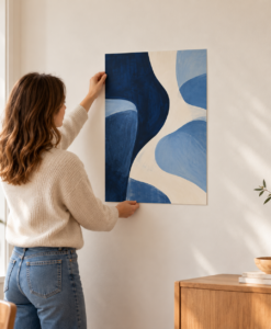 Illustration af en person, der placerer en stående plakat uden ramme på en væg.