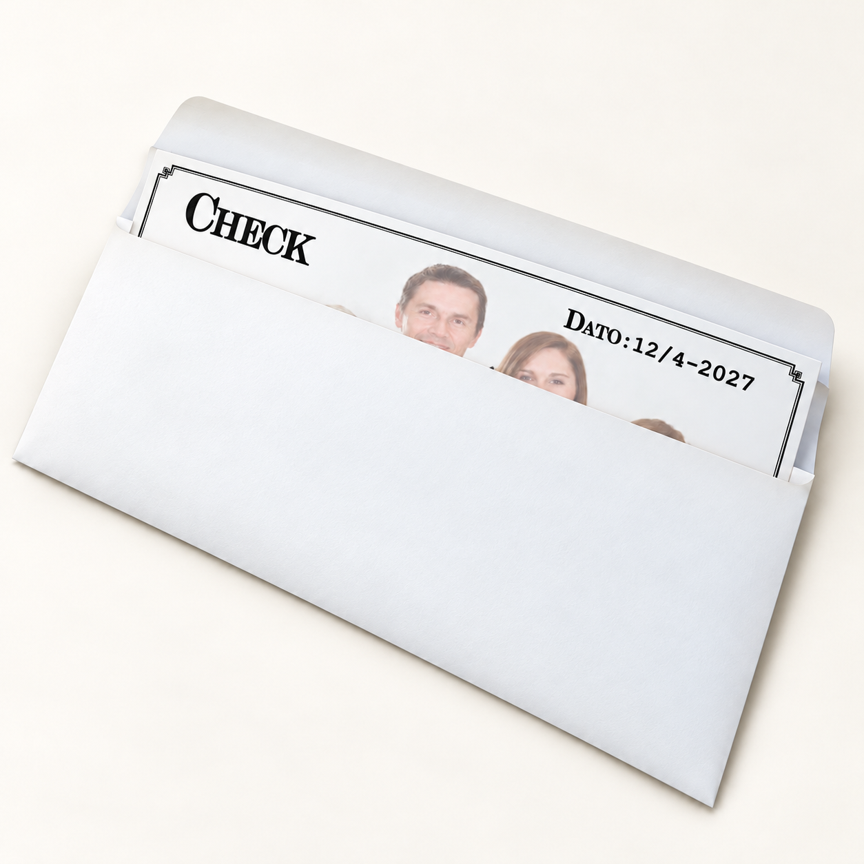 Åben mega konvolut med en personlig stor check delvist synlig