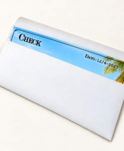 Hvid mega konvolut med den aktuelle blå, personlige check på 60 × 30 cm delvist synlig.