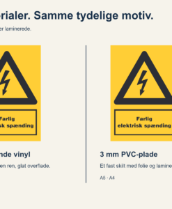 Materialevalg til advarselsskilte: lamineret selvklæbende vinyl eller 3 mm PVC-plade med lamineret printfolie.