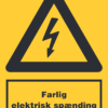 Gult advarselsskilt med sort lynsymbol og teksten Farlig elektrisk spænding.