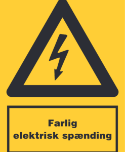 Gult advarselsskilt med sort lynsymbol og teksten Farlig elektrisk spænding.