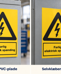Advarselsskilt Farlig elektrisk spænding på tynd 3 mm PVC-plade og som selvklæbende vinyl med løftet hjørne på et metalskab.