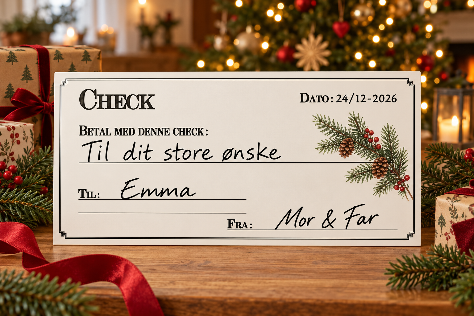 Personlig julecheck til Emma med teksten Til dit store ønske, omgivet af julegaver og gran.