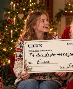 Julemanden overrækker en personlig stor gavecheck til en glad ung pige ved juletræet.