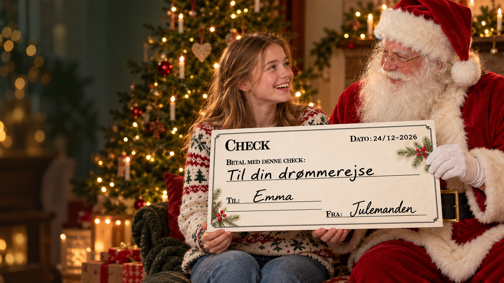 Julemanden overrækker en personlig stor gavecheck til en glad ung pige ved juletræet.